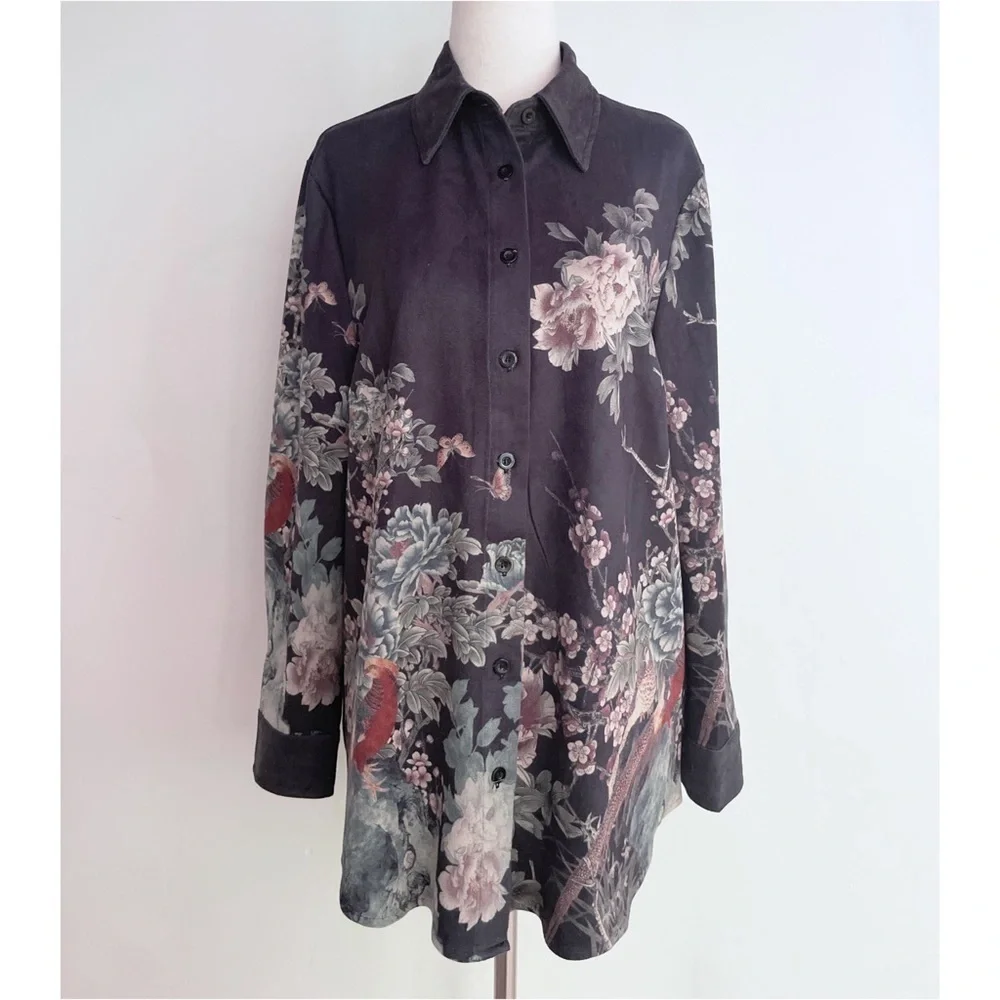 NWT Soft Surroundings Birds Peonies Floral Nola Suede Boyfriend Shirt Blouse PM